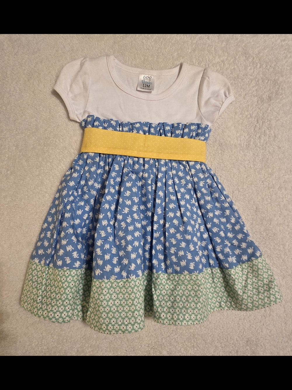 Handmade Girls Blue/Green Bunny Dress (Size 12M)
